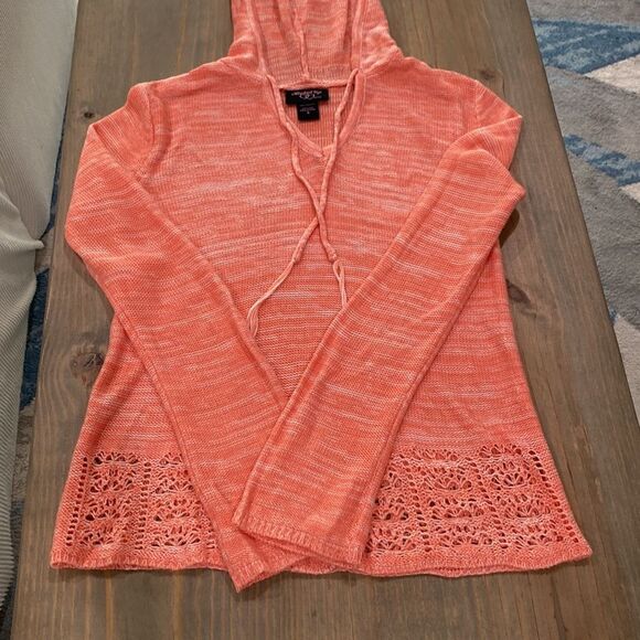 Hooked Up by lOT Peach Mal Open Knit V-Neck Hooded Sweater Size Small - Picture 10 of 13